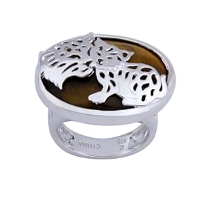 Rhodium Plated Sterling Silver Tiger Eye Leopard Ring, Size 6