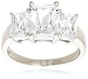 Platinum Overlay Sterling Silver Cubic Zirconia Emerald-Cut Three-Stone Cubic Zirconia Ring