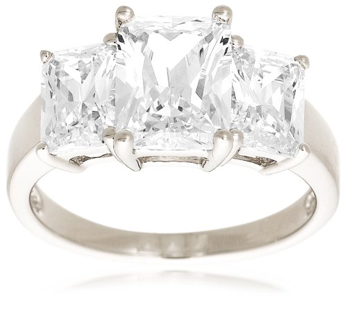 Platinum Overlay Sterling Silver Cubic Zirconia Emerald-Cut Three-Stone Cubic Zirconia Ring