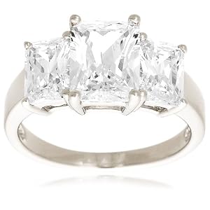 Buy Platinum Overlay Sterling Silver Cubic Zirconia Emerald-Cut Three-Stone Cubic Zirconia Ring by Amazon.com Collection