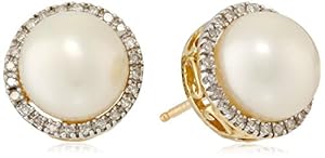 10k Yellow Gold Lady Di Freshwater Cultured Pearl and Diamond Stud Earrings