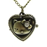 JewelryWe Vintage Style Kitty Pocket Watch Locket Heart Pendant Quartz Bronze Long Necklace with Cubic Zirconia