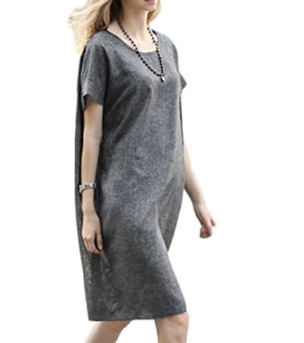 cmy select 麻混 カジュアル ワンピース 春 夏 レディース 膝丈 半袖 無地 グレー