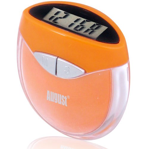 August HPC907O Orange Multi-function Pedometer - Step Counter that uses Personal Weight and Stride Length to Calculate Calories Burnt - With Digital Clock