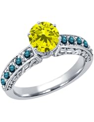 1.10 Ct Round Canary and Blue Diamond 925 Sterling Silver Ring