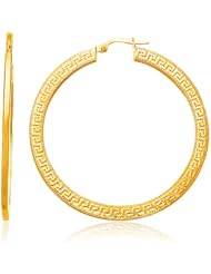 14K Yellow Gold Greek Key Extra Large Hoop Earrings with Flat Sides
