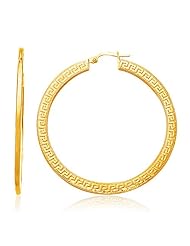 14K Yellow Gold Greek Key Extra Large Hoop Earrings with Flat Sides