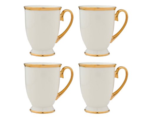 Gracie Bone China 9-Ounce Footed Mugs, Gold Trimmed, Pure White, Set of 4