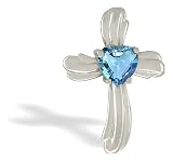 14K White Gold Genuine Heart Blue Topaz Cross Pendant