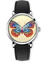 Analog Silver Women Watches Black Leather Wristband - Colorful Butterfly