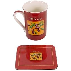 Red Olive Motif Boxed Porcelain mug and coaster set