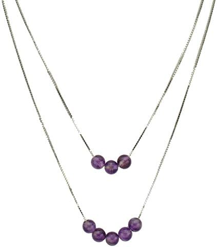 2-Strand Amethyst Stone Beads Sterling Silver Box Chain Necklace, 20"+2" Extender
