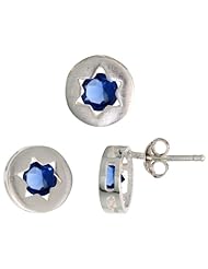Sterling Silver Jewish Star of David Stud Earrings (9mm) & Pendant Slide (9mm) Set, w/ Brilliant Cut Blue Sapphire-colored CZ Stones