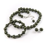 Green 10mm Glass Pearl Necklace, Bracelet and Earrings Set by Margot Townsend