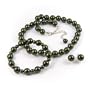 Green 10mm Glass Pearl Necklace, Bracelet and Earrings Set by Margot Townsend
