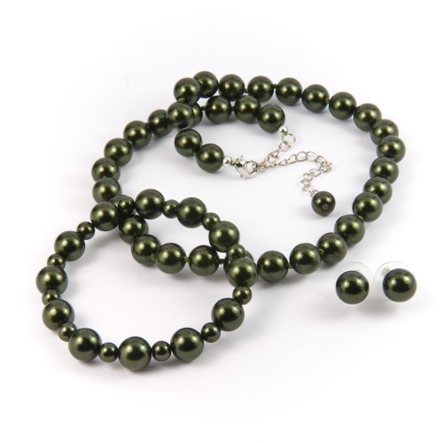 Green 10mm Glass Pearl Necklace, Bracelet and Earrings Set by Margot Townsend