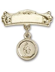 14kt Gold Baby Badge with Miraculous Charm and Arched Polished Badge Pin