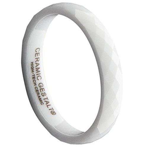 White Ceramic Ring by CERAMIC GESTALT® - 4mm Width. Faceted Design. (Avail. Sizes 5 to 14).