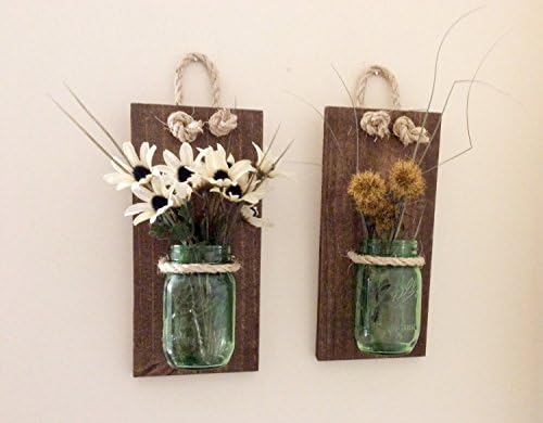 Wall Sconce Set of 2, Rustic Wall Decor, Wooden Sconces, Mason Jar Sconces