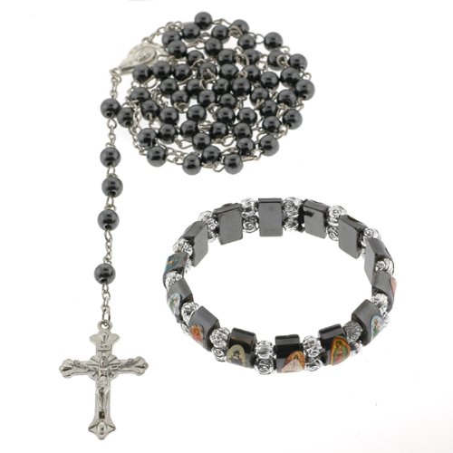 HEMATITE LINK ROSARY - 28'' NECKLACE - 19'' LENGTH - 6MM BEAD - COMES WITH BONUS HEMATITE STRETCHY BRACELET WITH RELIGIOUS IMAGE STICKERS HEMATITE LINK ROSARY - 28'' NECKLACE - 19'' LENGTH - 6MM BEAD - COMES WITH BONUS HEMATITE STRETCHY BRACELET WITH RELIGIOUS IMAGE STICKERS