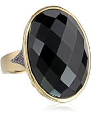 18k Yellow Gold Plated Sterling Silver Gunmetal Color Black Agate and African Amethyst Matte Finish Oval Ring, Size 7
