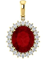 10K Yellow Gold 12.00x10.00mm Oval Cut Chatham Created Ruby and Diamond Pendant -- LIFETIME WARRANTY