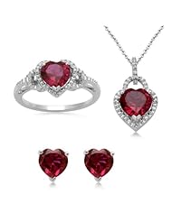 Sterling Silver Heart Created Ruby and Diamond Ring Pendant Necklace and Earrings Box Set, Size 7
