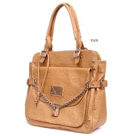 Tan Ruby Ostrich Faux Leather Satchel Bag Purse Handbag
