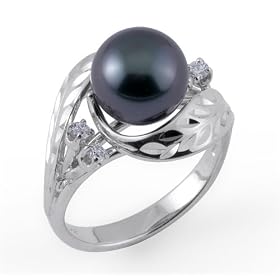 Tahitian Black Pearl Ring with Diamonds in 14K White Gold by Maui Divers of Hawaii