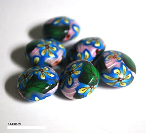 6 Blue Flower Polymer Clay Beads Handmade Lentil Shape