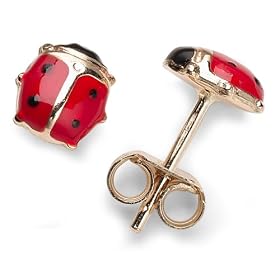 14k Yellow Gold Lady Bug Enamel Earrings