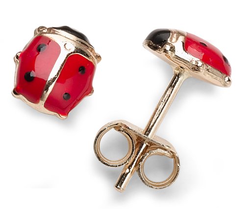 Jewelry: 14k Yellow Gold Lady Bug Enamel Earrings