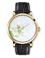 SPRAWL Aanalog Fashion Series Gold Ladies Watches of Genuine Black Leather Strap,Unique Wrist Watch for Women Girls Designed with Green flowers and light blue flowers background