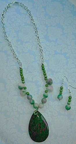 Teardrop Green/Ruby Zoisite Gemstone Pendant with Green Cat's Eye Beads and Green &amp; Pink Glass Beads with Silver Chain NECKLACE with EARRINGS. Free shipping to US and Free Gift Wrap