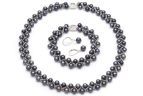 Childrens Toyshop  Jewelry : Weave Black 6-7mm A Freshwater Pearl Set