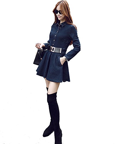 レディース デニムワンピース 襟付き 厚手デニム カジュアルワンピース ミニフレアスカート 太いベルト付き  可愛いスカーフ付き ST200
