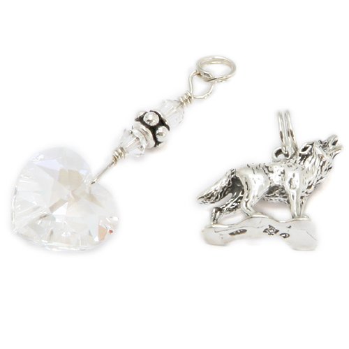 14mm Swarovski Crystal HEART Charm & Sterling Silver 3D WOLF Charm