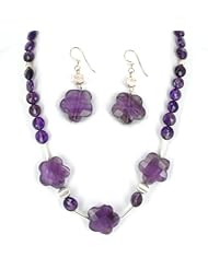 Delicate Hand Cut Amethyst Necklace Earrings Set with Sterling Silver Earring Post, 235 Carats in Total