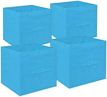 Small Collapsible Storage Cube - 4 Pack Set Collapsible Storage Trunks &amp; Containers - Fabric Pull Handle Baskets For Organizing Books, Toys, Clothing - Bright Fashionable Colors (Light Blue)