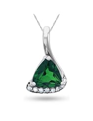 Sterling Silver, Lab-Created Emerald and Diamond Pendant