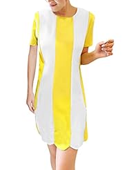 Round Neck Above the Knee Short Sleeves Vertical Stripe Chiffon  Dress