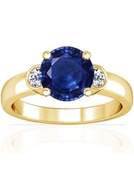 14K Yellow Gold Round Cut Blue Sapphire Three Stone Ring (GIA Certificate)