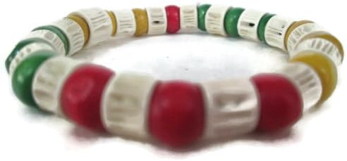 Thai Buddhist Wooden Prayer Blessed Beads Mala Red Yellow Green color and White Bead Wristband Bracelet from Thailand