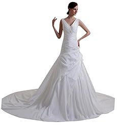 A-line V-neck Beaded Lace-Up Ruched Pleated Crystal Sleeveless Taffeta Wedding Dress 