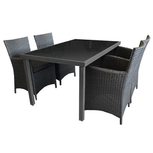 Gartengarnitur Alu/Glas 150x90cm + Rattansessel Schwarz - 5tlg