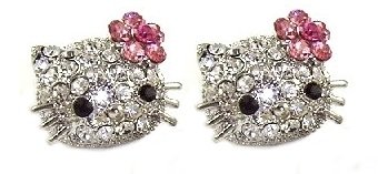 Large 3/4" Crystal Swarovski Stud Earrings w/ Pink Flower Bow - Silver Plated