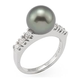 Tahitian Black Pearl Ring with Diamonds in 14K White Gold by