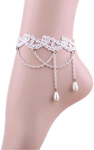HSG luxury European Gothic style white lace anklet pearl tassels chain foot anklets