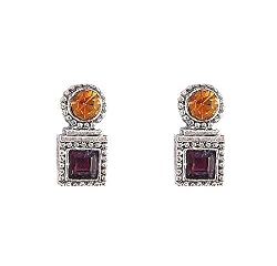 Earrings - E411 - Square and Round Crystal - Post Earring Style ~ Topaz and Amethyst (Deep Gold and Eggplant Purple)