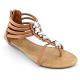 Women's T-Strap Gladiator Flat Thong Sandals W/ Rhinestones Tan , 5-10